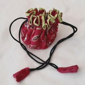 NWOT- Handpicked Dark Pink and Green Drawstring Pouch with Rhinestone Accents